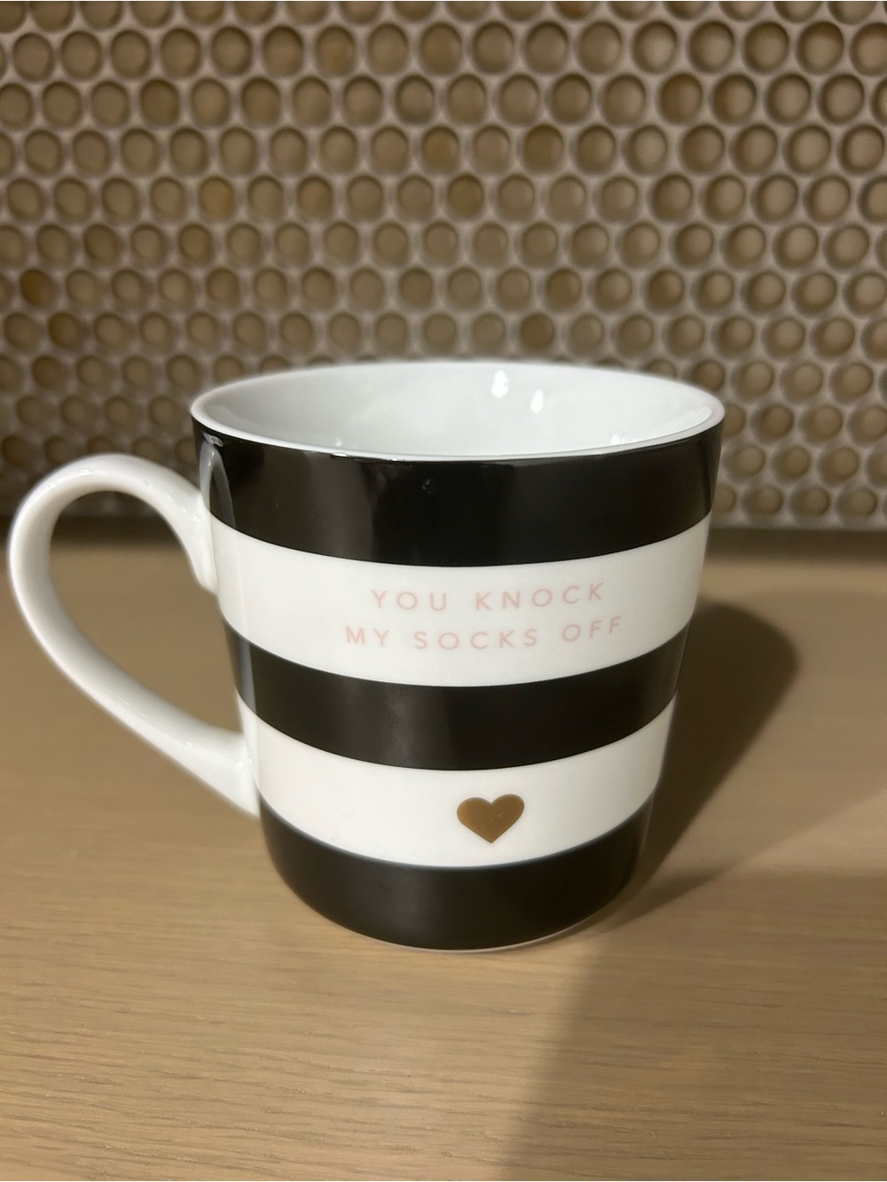 Black & White Striped Mug with Gold Heart 💛 " You Knock My Socks Off " Message